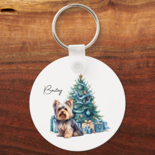 Personalisierter Hundename Yorkie mit Weihnachtsba Schlüsselanhänger