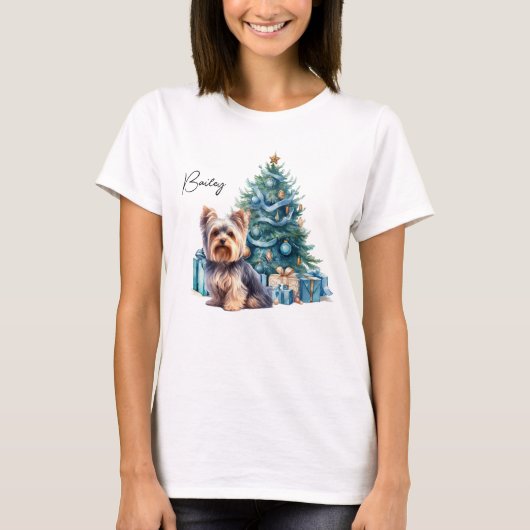Personalisierter Hundename Yorkie mit Weihnachtsba T-Shirt (Vorderseite)