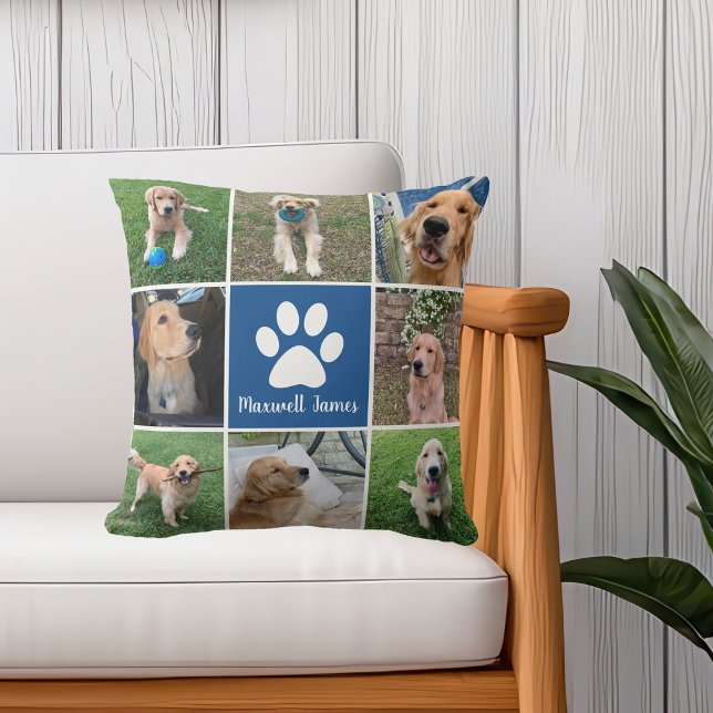 Personalisierter Hundfoto Collage Paw Print Blue Kissen (Von Creator hochgeladen)