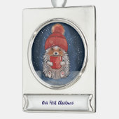 Personalisierter Igel mit heißem Getränk Banner-Ornament Silber (Links)