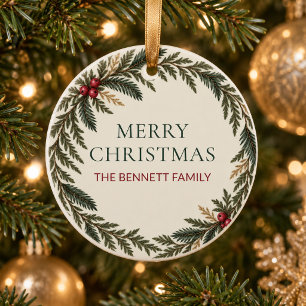 Personalisierter Immergrün-Familien-Weihnachtsschm Keramik Ornament