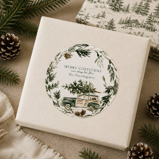 Personalisierter Immergrün-Kranz-Weihnachtsaufkleb Runder Aufkleber