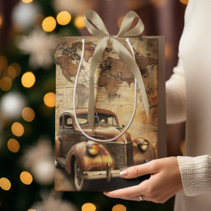 Personalisierter Jahrgangswagen Antike Weltkarte Mittlere Geschenktüte
