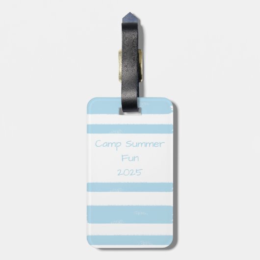 Personalisierter Jugendcampingplatz Blaue Streifen Gepäckanhänger (Rückseite vertikal)