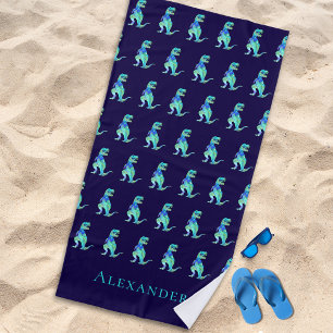 Personalisierter Jungenname Dinosaurier Blau Strandtuch
