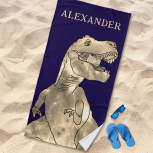 Personalisierter Jungenname Dinosaurier Marineblau Strandtuch