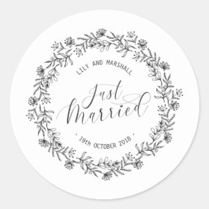 Personalisierter Just Married Blumensticker   Sieg Runder Aufkleber