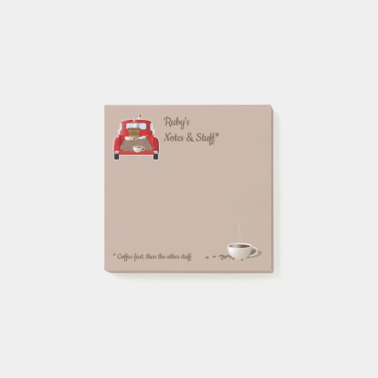 Personalisierter Kaffee und kleiner roter Lkw Post-it Klebezettel (Vorderseite)