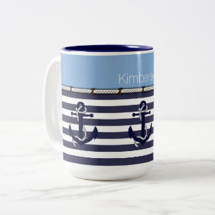 Personalisierter Kaffeebecher mit Ankern und Strei Zweifarbige Tasse