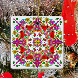 Personalisierter Kardinal und Blume Mandala Keramikornament