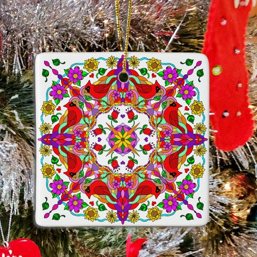 Personalisierter Kardinal und Blume Mandala Keramikornament