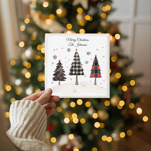 Personalisierter Karierter Weihnachtsbaum Familien Karte
