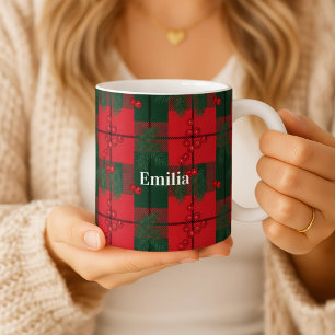 Personalisierter Karo-Weihnachtsbecher mit Stechpa Kaffeetasse