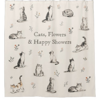 Personalisierter Katzen- und Blumen-Skizze-Duschvo Duschvorhang