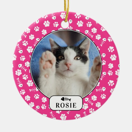 Personalisierter Katzenfisch Knochen und Pawprint Keramik Ornament (Vorne)