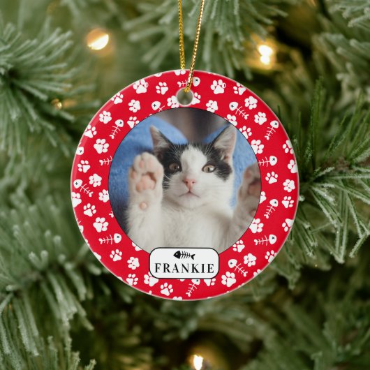 Personalisierter Katzenfisch Knochen und Pawprint Keramik Ornament (Baum)