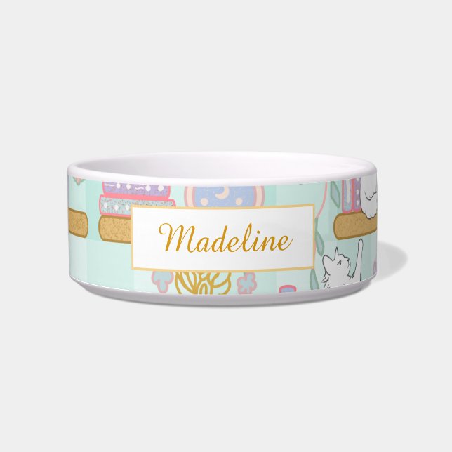 Personalisierter Katzenname Grüne Bibliothek Schal Napf (Vorderseite)