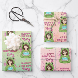 Personalisierter Kawaii-Frosch-Hoodie Mädchen Gebu Geschenkpapier Set