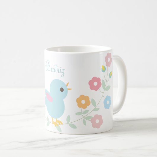 Personalisierter Kawaii Vogel und Blumen Kaffeetasse (VorderseiteRechts)