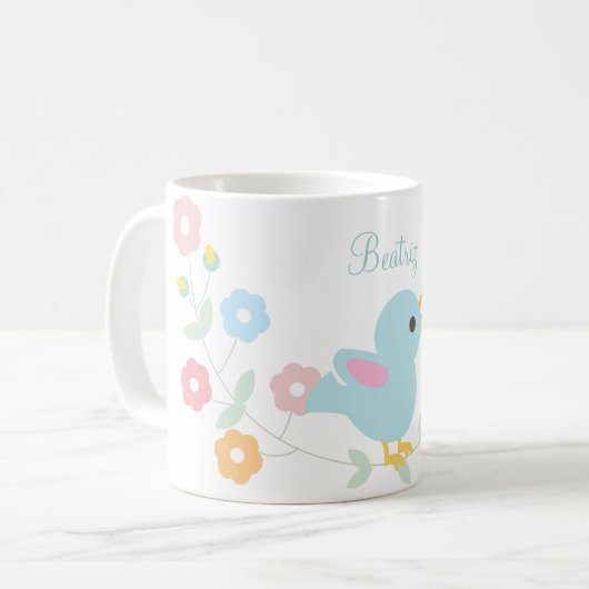Personalisierter Kawaii Vogel und Blumen Kaffeetasse (Vorderseite Links)