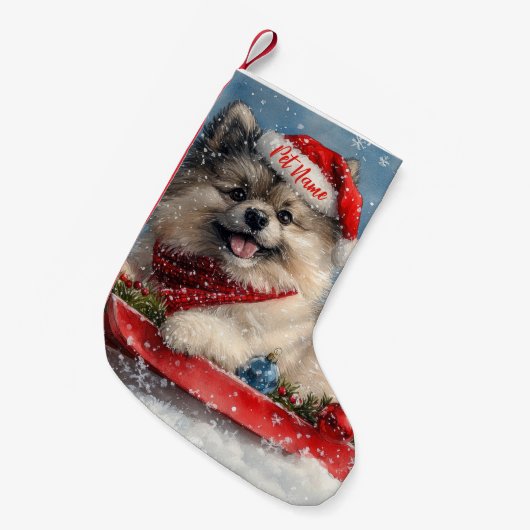 Personalisierter Keeshond Hund in Sledge Weihnacht Kleiner Weihnachtsstrumpf (Vorderansicht (hängend))