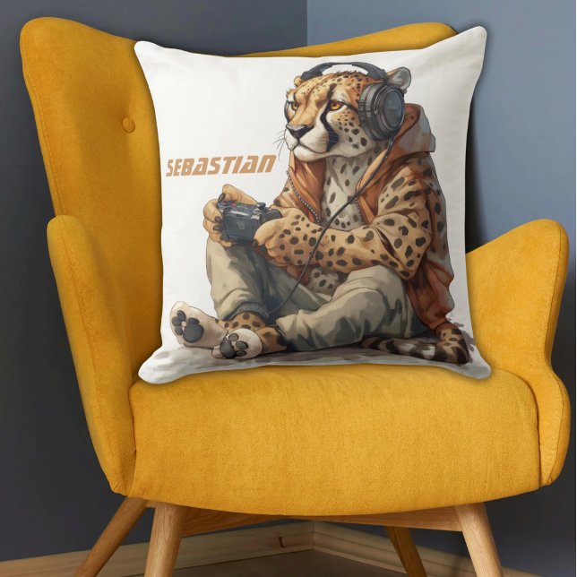 Personalisierter KeuchkissenGamer Gepard für Kinde Kissen (Funny Cheetah wearing headphones and hoodie playing video games personalized kids pillow)