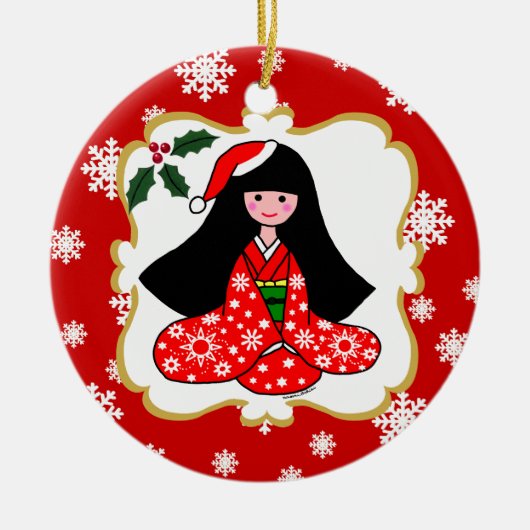 Personalisierter Kimono-Mädchen-WeihnachtsCartoon Keramikornament (Vorne)