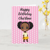 Personalisierter kleiner Cartoon Girl Pink Geburts Karte (Gelbe Blume)