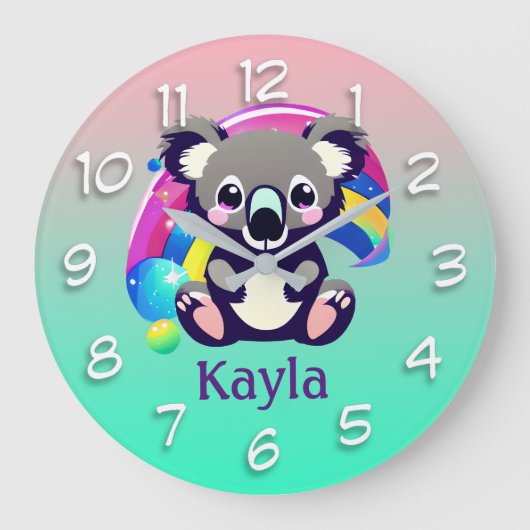 Personalisierter Koala-Bär und Regenbogen Große Wanduhr (Vorderseite)