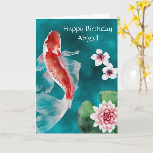 Personalisierter Koi Fisch, Kirschblüten Geburtsta Karte (Gelbe Blume)