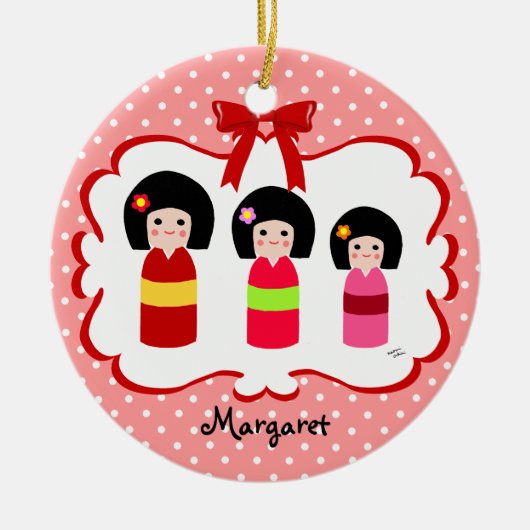Personalisierter Kokeshi Schwester-Polka-Punkt Keramikornament (Vorne)