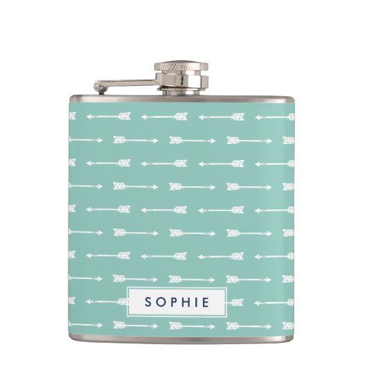 Personalisierter Kolben mit Minze und weißen Pfeil Flachmann (Vorderseite)