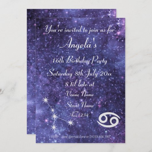 Personalisierter Krebs Zodiac Galaxy Party Einladung (Vorne/Hinten)