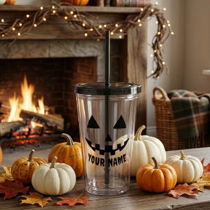 Personalisierter KürbisHalloween Name Black & Whit Acryltrinkbecher