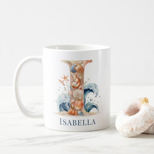 Personalisierter Küstenmonogramm Anfangsbuchstabe Kaffeetasse (Mit Donut)