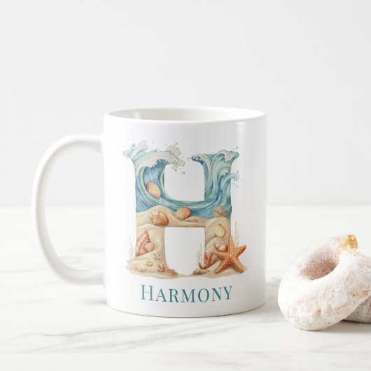 Personalisierter Küstenmonogramm-Initiale H Strand Kaffeetasse (Mit Donut)