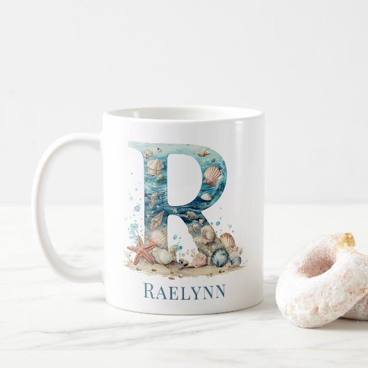 Personalisierter Küstenmonogramm-Initialen-Becher Kaffeetasse (Mit Donut)