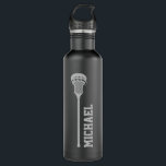 Personalisierter Lacrosse Name Grau Edelstahlflasche<br><div class="desc">Personalisierte Lacrosse-individuelle Name-Flasche aus Schwarz und Grau mit einem einfachen Lacrosse-Stick aus Monogramm und individuelle Name oder Text in einem Retro-Sport-Monogramm-Schriftart. Ein tolles Geschenk für Männer,  Frauen oder Jugendliche Lacrosse Spieler mit einem eleganten und subtilen klassischen sportlichen Look und modernem und minimalem Design zu einem nützlichen Lacrosse Themengeschenk.</div>