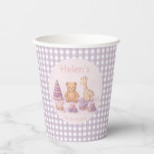 Personalisierter Lavendel-Gingham 1. Geburtstag Pappbecher (Vorderseite)