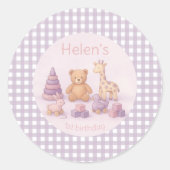Personalisierter Lavendel-Gingham 1. Geburtstag Runder Aufkleber (Vorderseite)