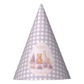 Personalisierter Lavendel-Gingham-Papierhut zum 1. Partyhütchen (Vorderseite)