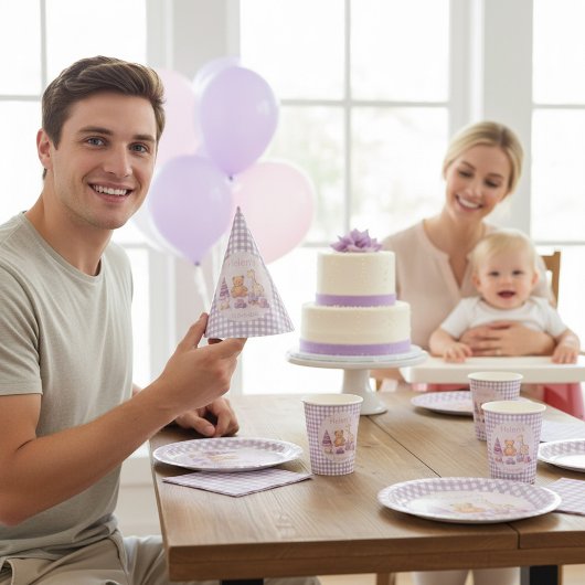 Personalisierter Lavendel-Gingham-Papierhut zum 1. Partyhütchen