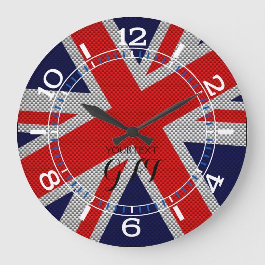 Personalisierter, lebendiger Union Jack on Carbon Große Wanduhr (Vorderseite)