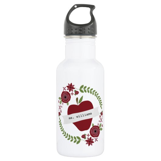 Personalisierter Lehrer Blumenwreath-roter Apples Edelstahlflasche (Vorderseite)