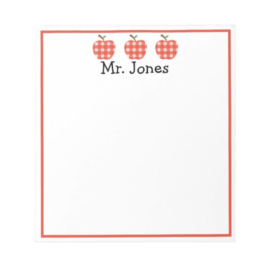 Personalisierter Lehrer Red Apple Gingham Kariert Notizblock (Vorderseite)