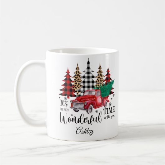 Personalisierter Leopard-Druck karierter Weihnacht Kaffeetasse (Links)