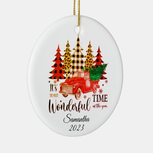 Personalisierter Leopard-Druck karierter Weihnacht Keramik Ornament (Rechts)