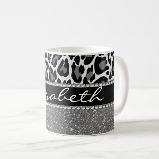 Personalisierter Leopard Print Glitzer Kaffeemasch Kaffeetasse (VorderseiteRechts)