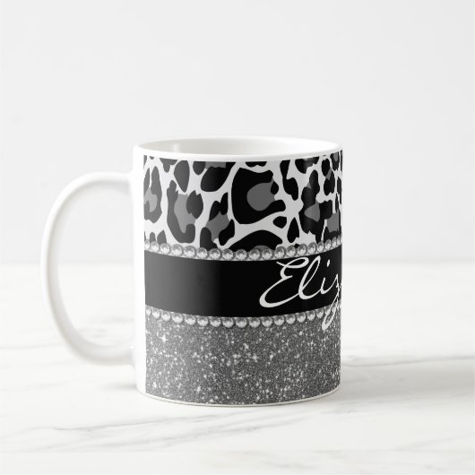 Personalisierter Leopard Print Glitzer Kaffeemasch Kaffeetasse (Links)
