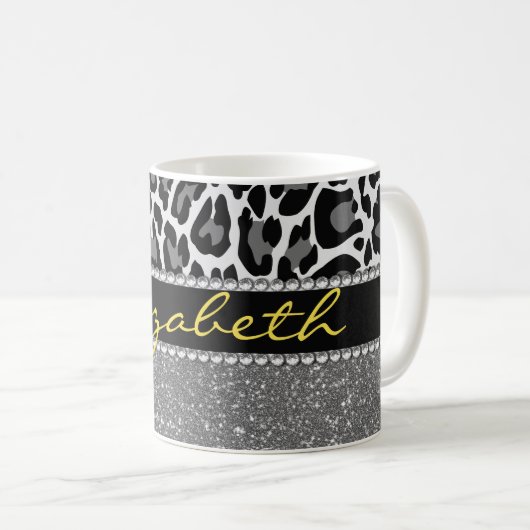 Personalisierter Leopard Print Glitzer Kaffeetasse (VorderseiteRechts)